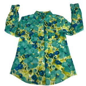 Ruby Rd. Button Up Shirt Collared Women's 8 Blue Floral 100% Cotton Grandma Core